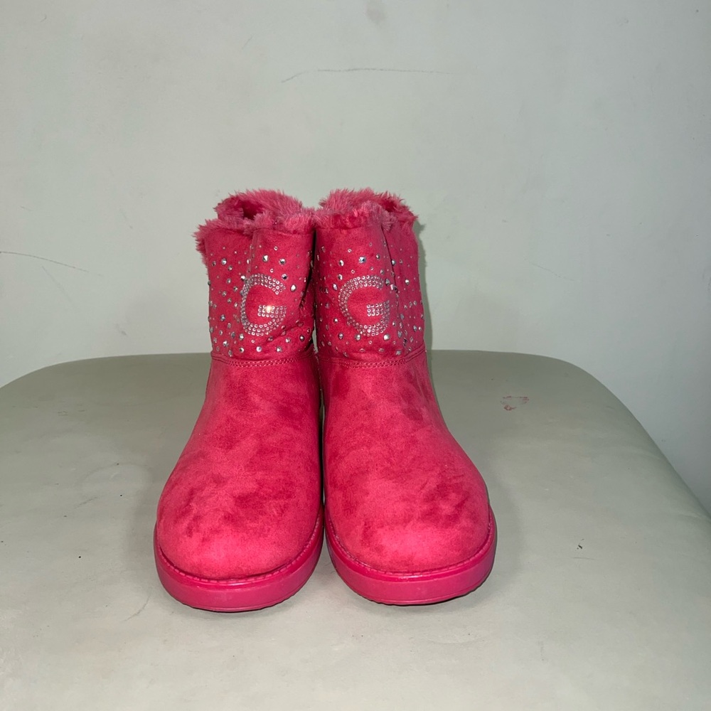 G by Guess Pink Faux Suede Boots with Rhinestones